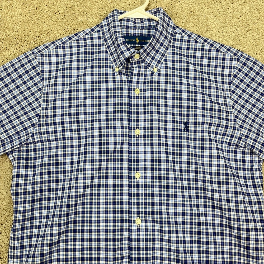 Ralph Lauren Mens Slim Fit Blue Pony Plaid Button Down Long Sleeve Shirt Casual‎